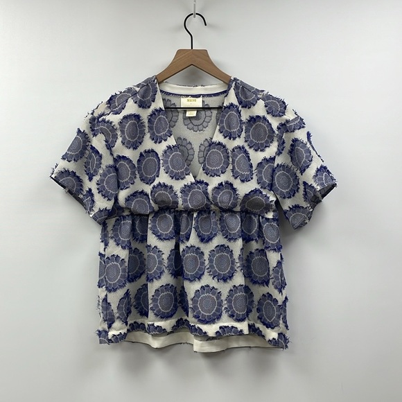 Anthropologie Maeve Floral Sunburst Surplice Peplum Blouse Boho Blue XS - Picture 3 of 11